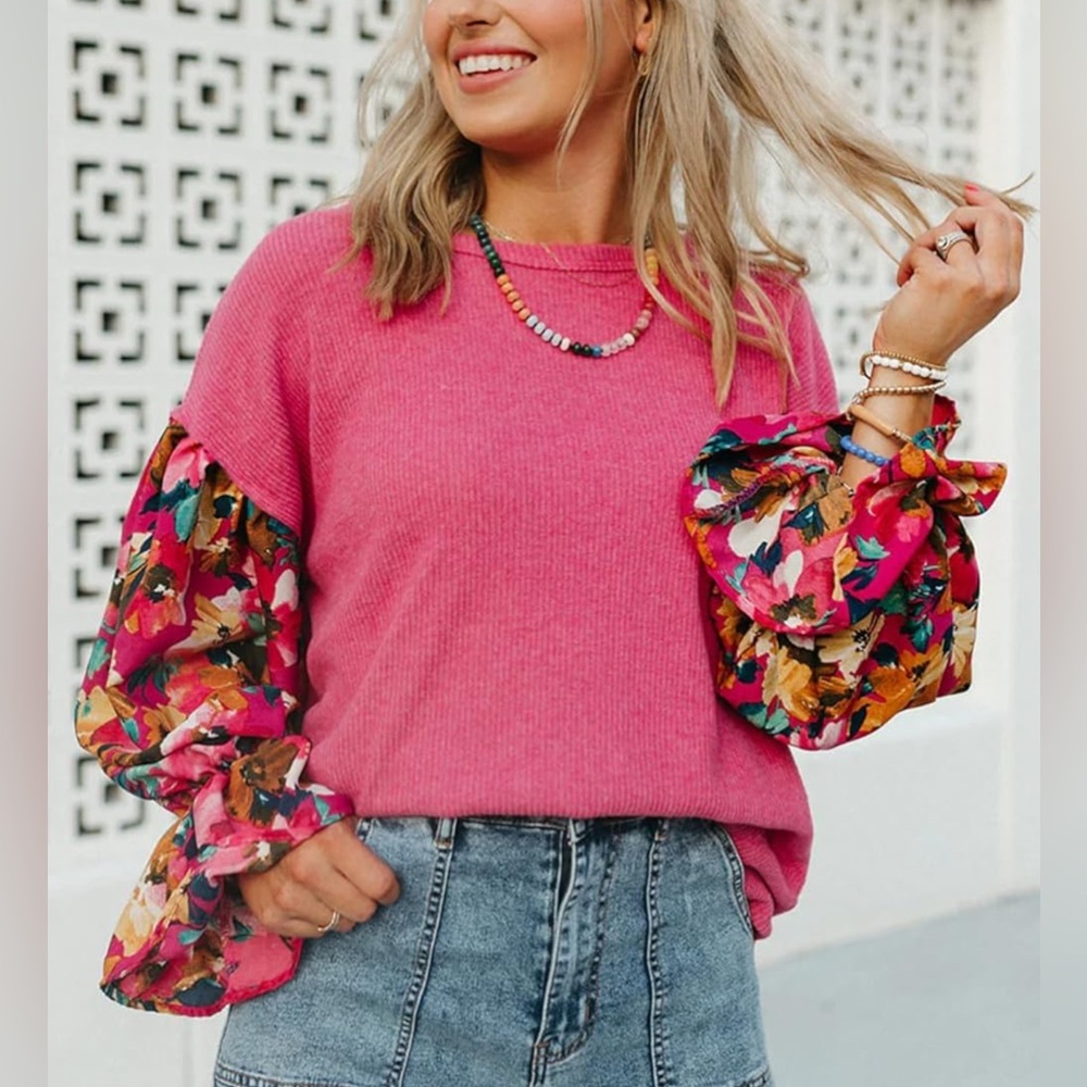 Pink Floral Sleeve Pullover Hoodie Sweatshirt